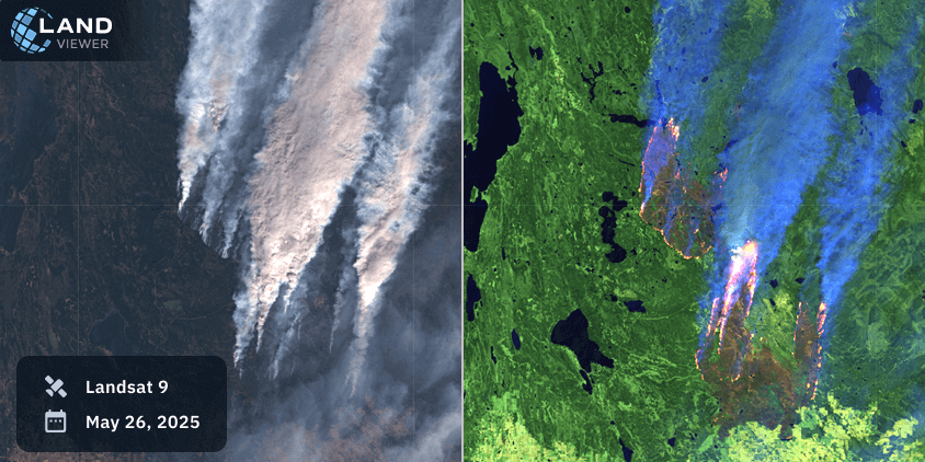 Landsat 9 satellite photos of Canadian wildfires in Shoe, natural and false color