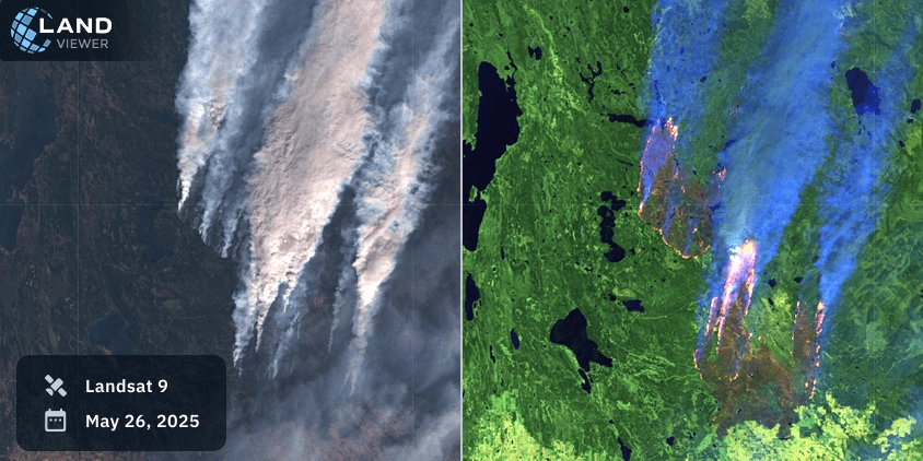 Landsat 9 satellite photos of Canadian wildfires in Shoe, natural and false color