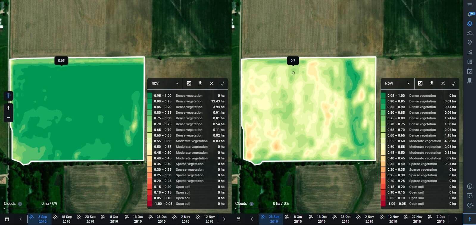 Visualização dividida do mapa NDVI para diferentes datas no EOS Crop Monitoring