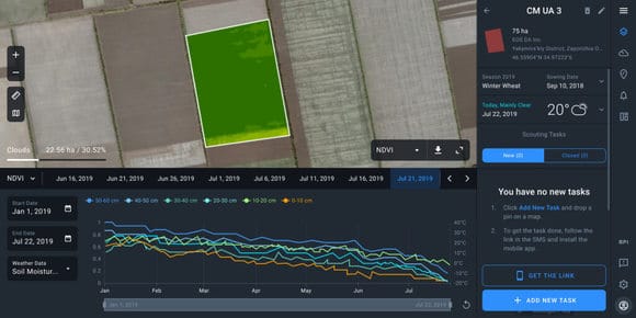 detecção de umidade do solo no EOSDA Crop Monitoring