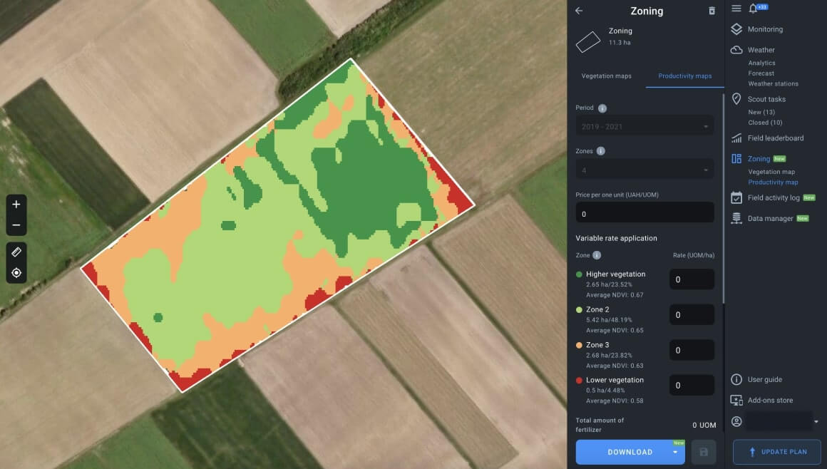 average NDVI during 2019-2021 using EOSDA Crop Monitoring zoning feature