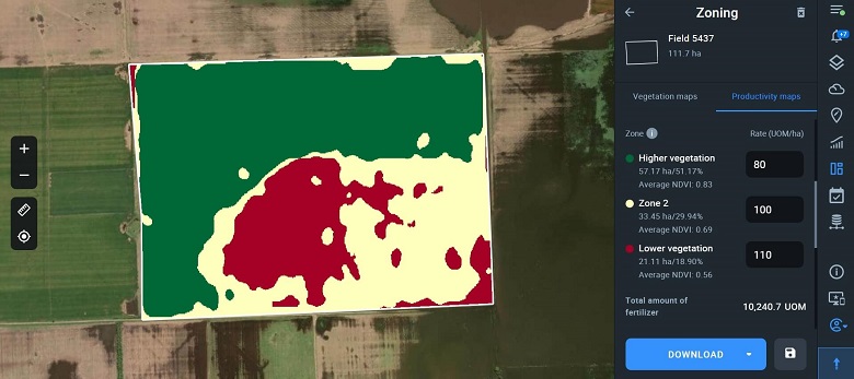 productivity map with 3 vegetation zones