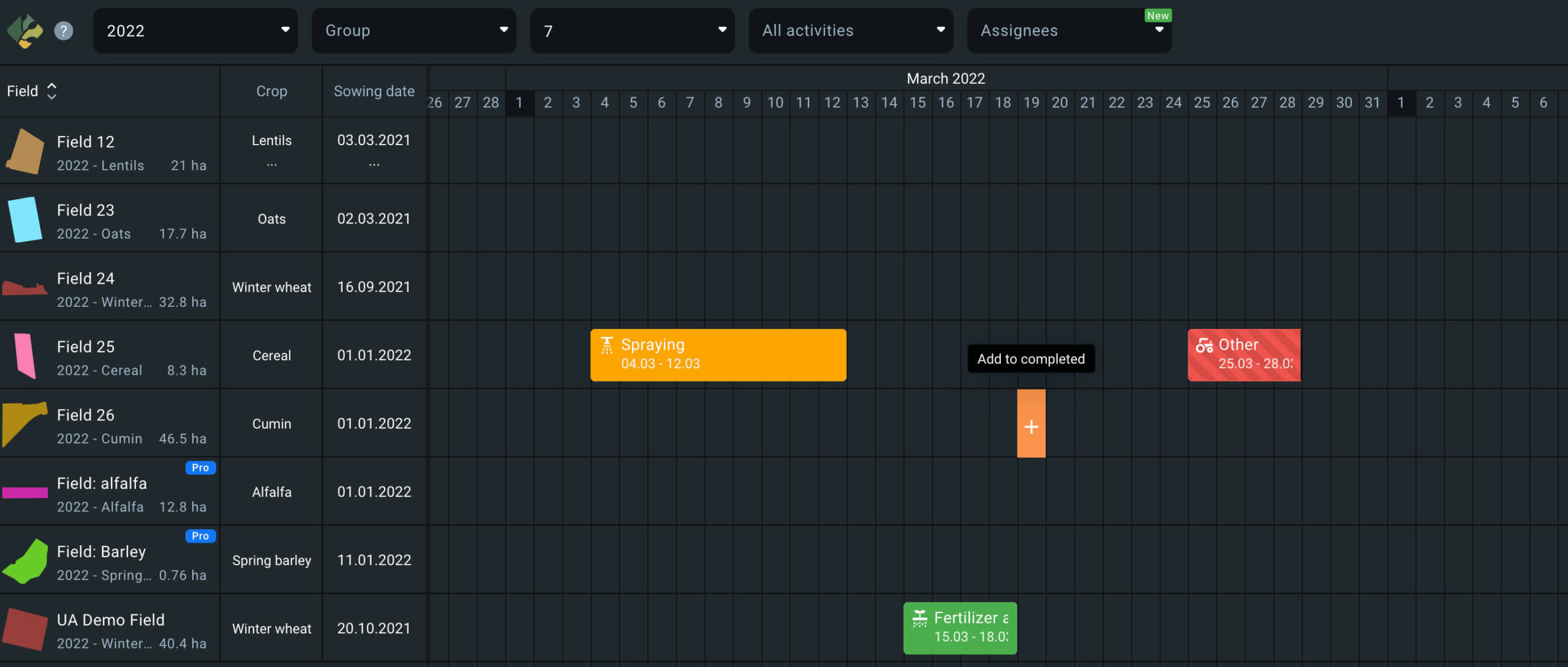 Field activity log in EOSDA Crop Monitoring