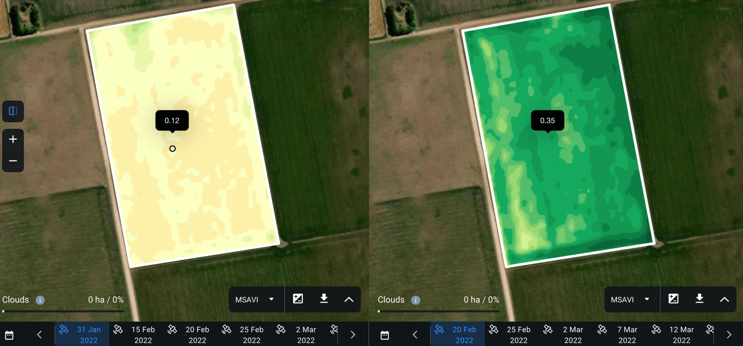 Split view mode in EOSDA Crop Monitoring to assess the IPM strategies