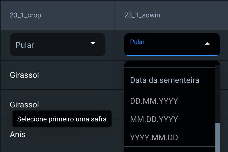 por que a seleção da data de semeadura não está disponível