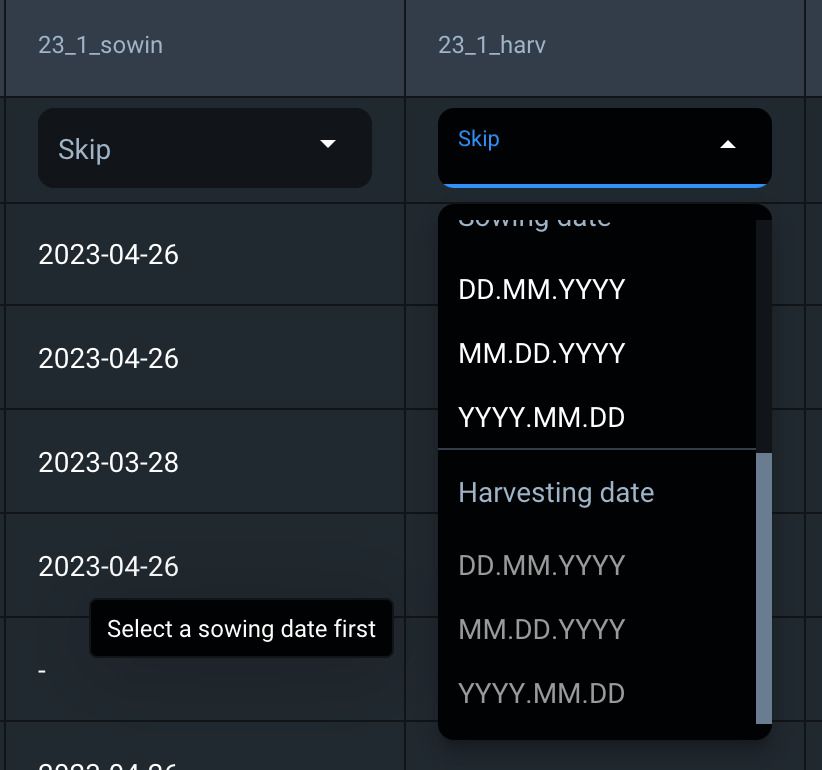 why the harvesting date selection is not available