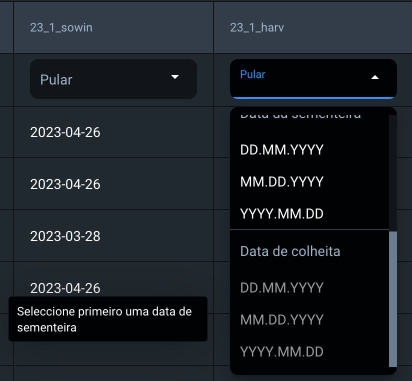 por que a seleção da data de colheita não está disponível