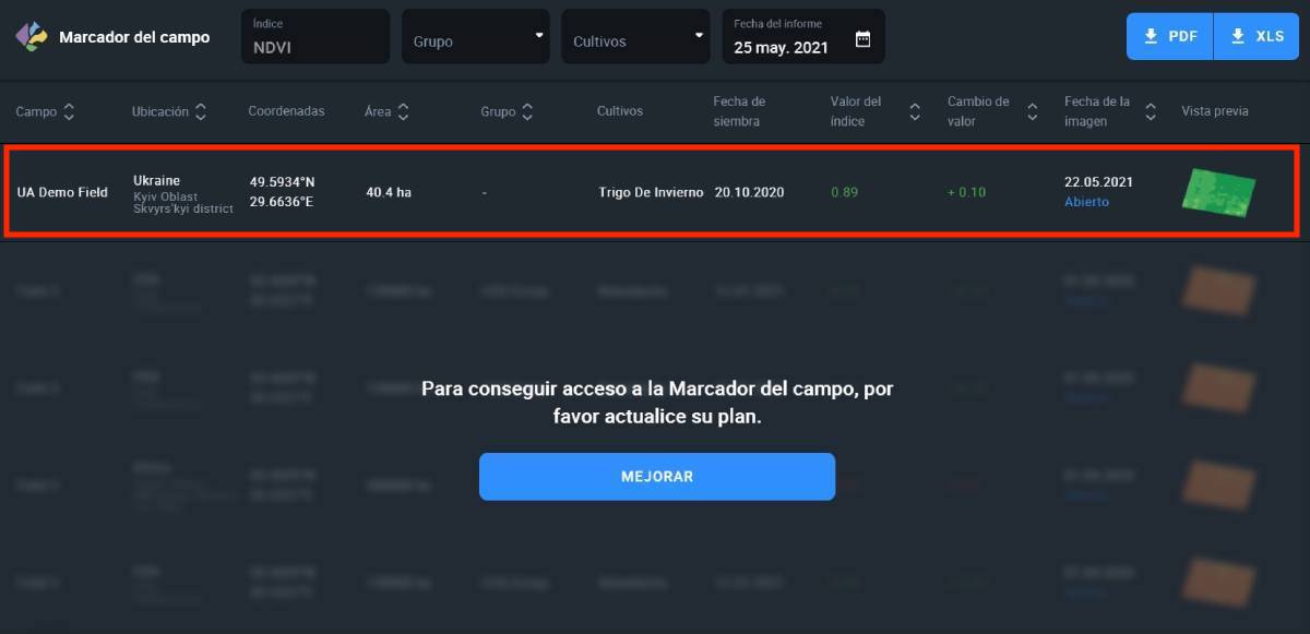 demo field en la marcador del campo