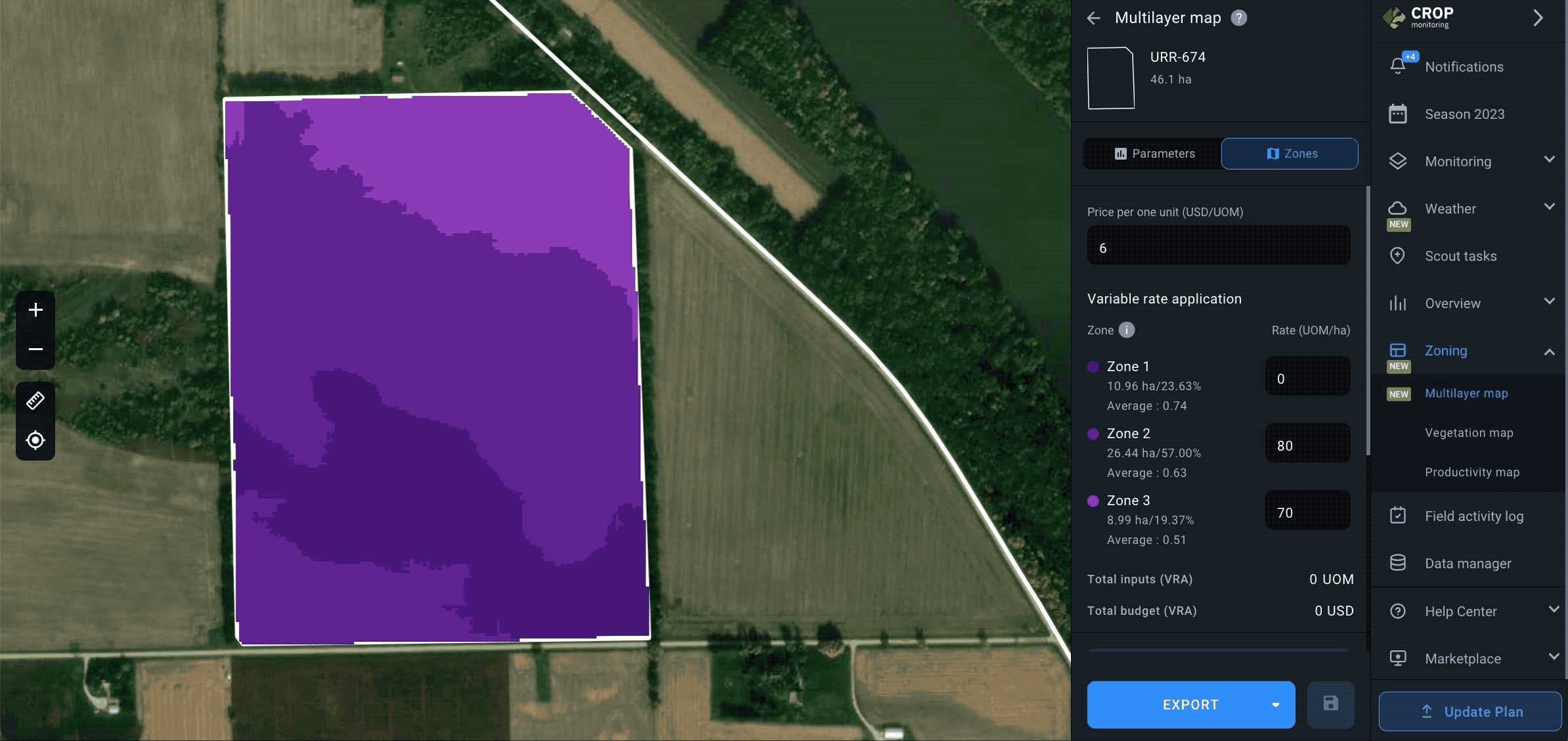 Zoning. Multilayer map. Export a map