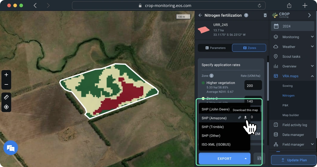 VRA maps. Nitrogen fertilization maps. Export a map