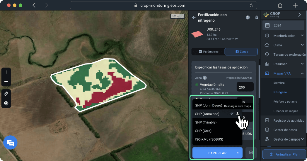 Mapas VRA. Fertilización con nitrógeno. Exportar un mapa