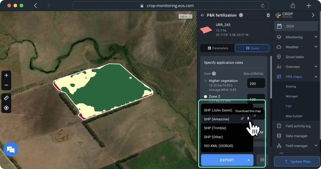VRA maps. P&K fertilization maps. Export a map