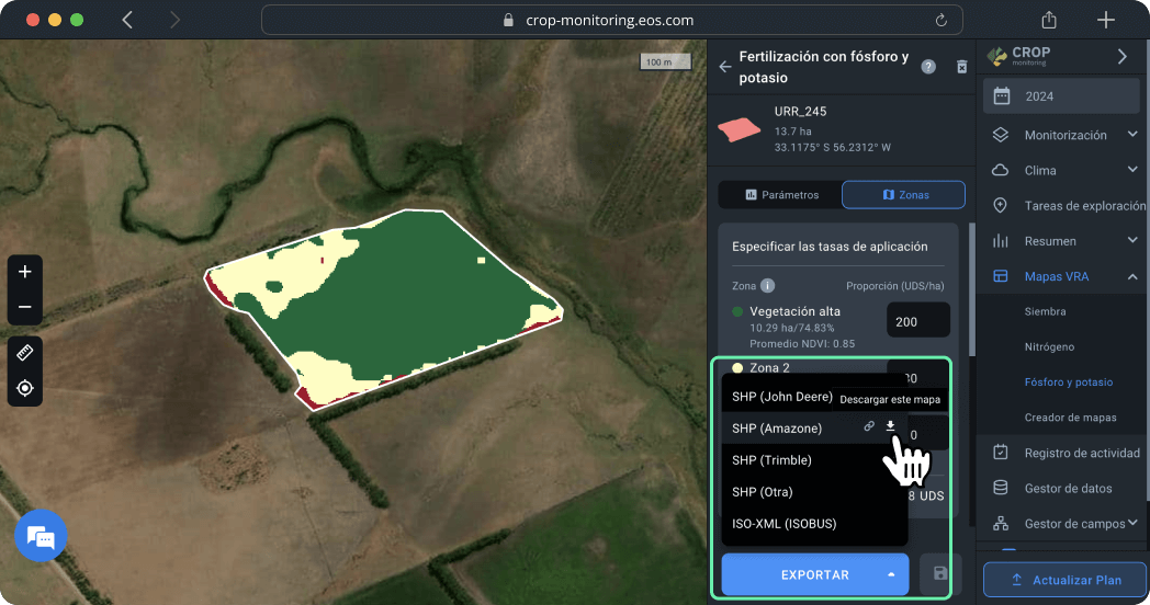 Mapas VRA. Fertilización con fósforo y potasio. Exportar un mapa