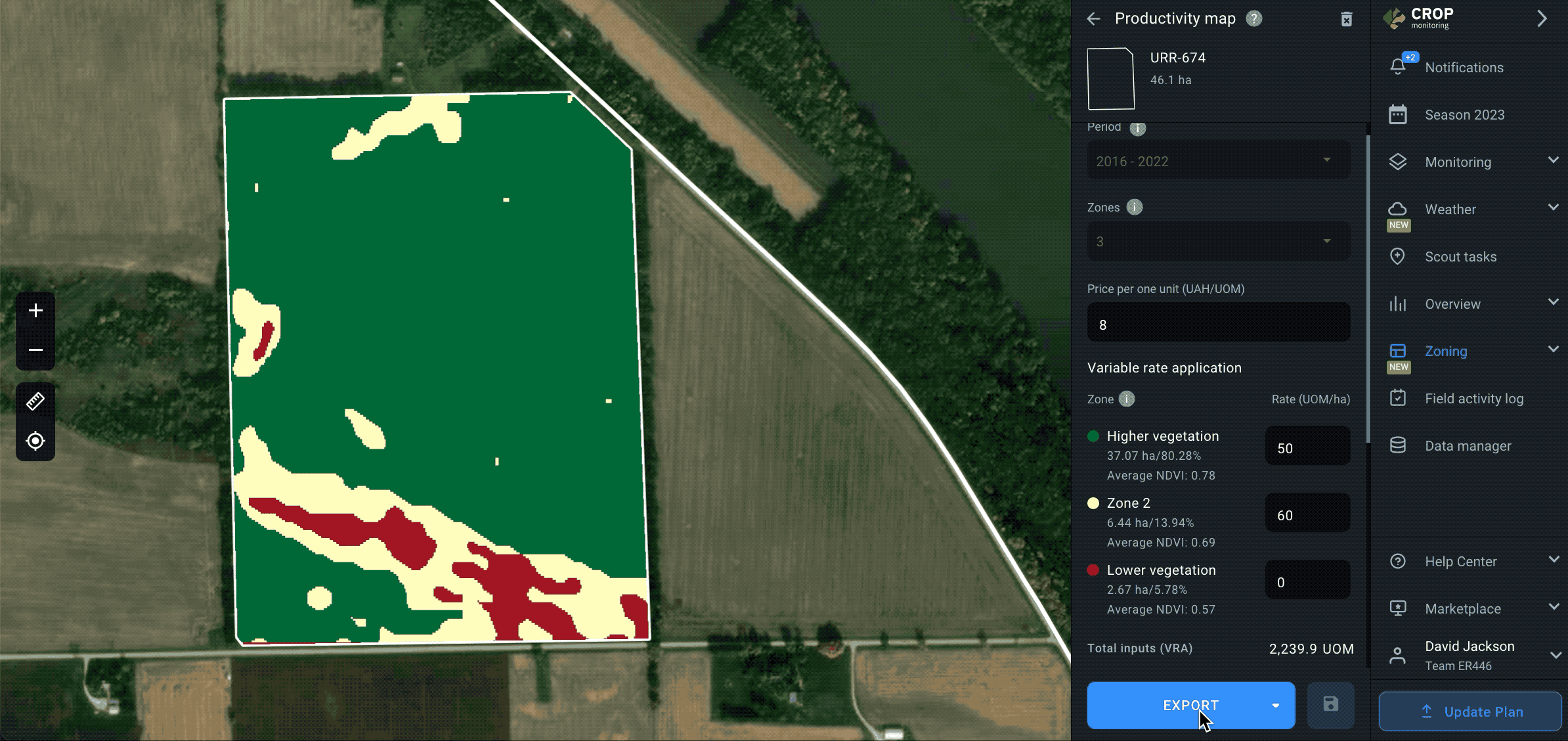 Zoning. Productivity maps. Export a map