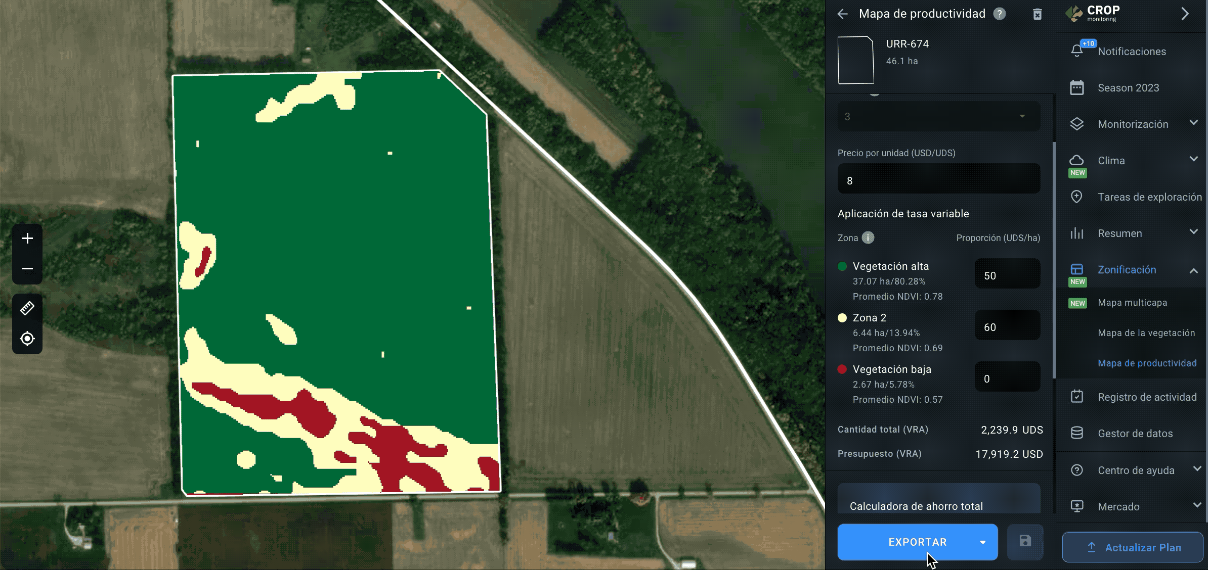 Zonificación. Mapas de productividad. Exportar un mapa