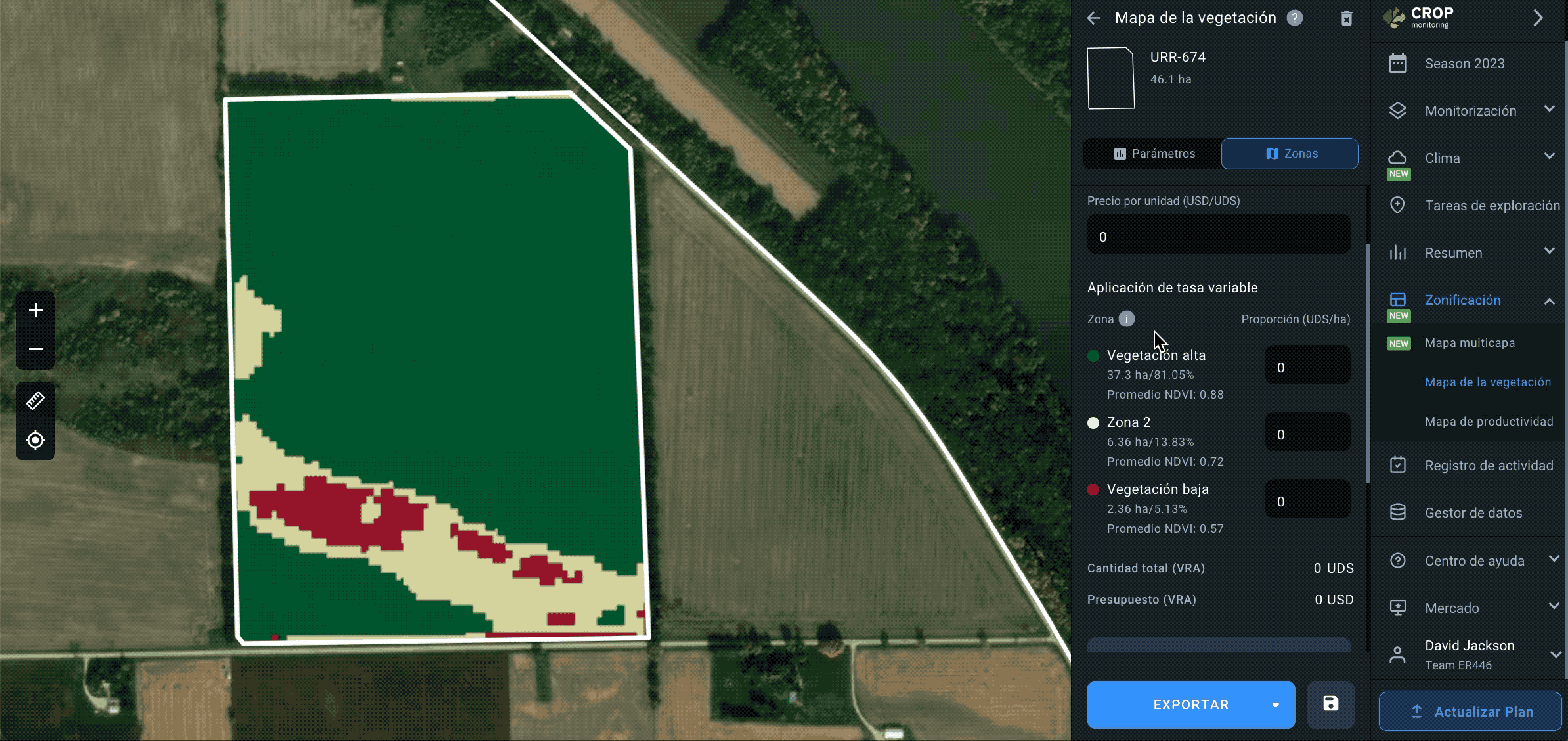 Zonificación. Mapas de vegetación. Aplicar insumos