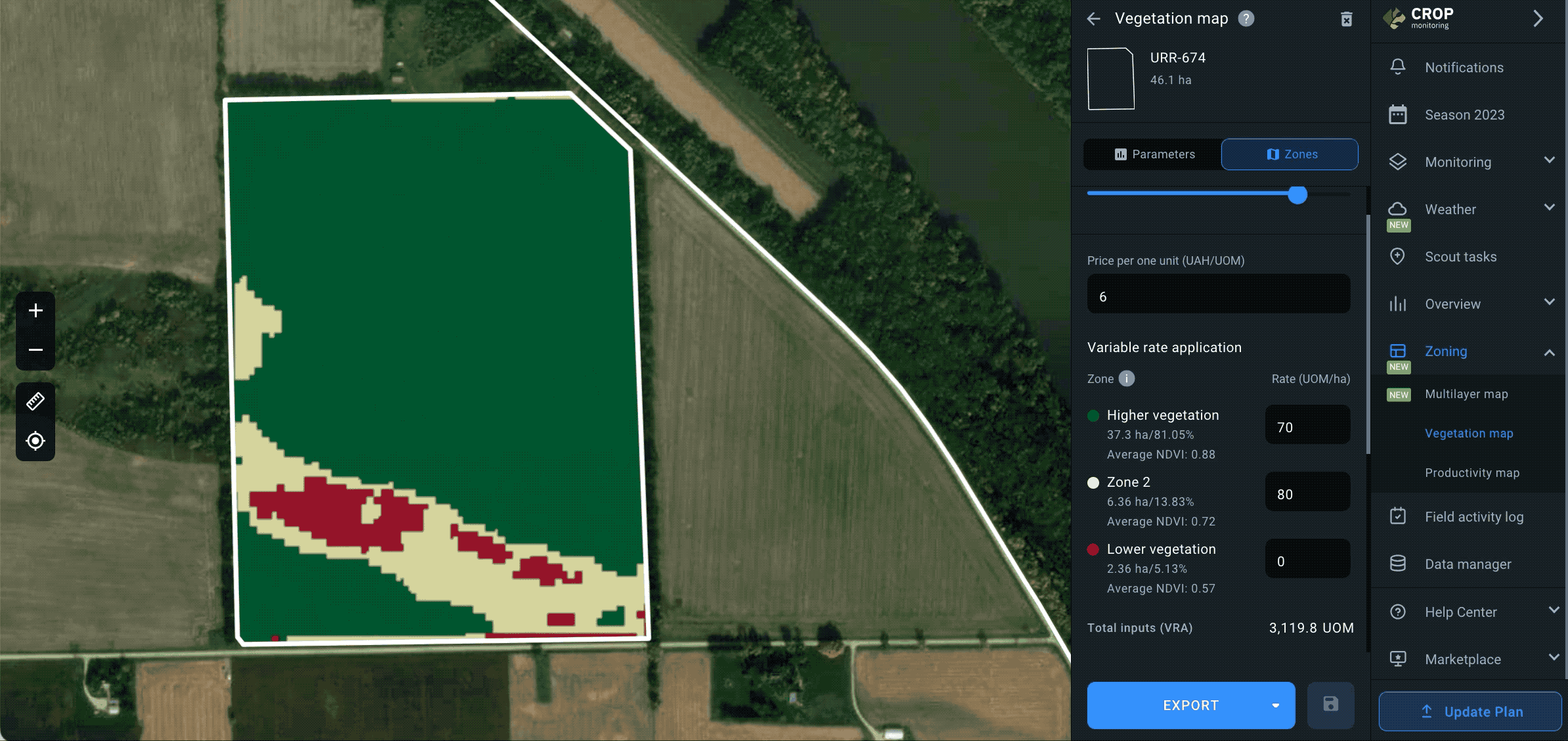 Zoning. Vegetation maps. Export a map