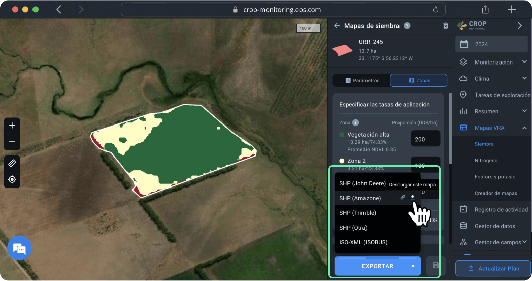 Mapas VRA. Mapas de siembra. Exportar un mapa
