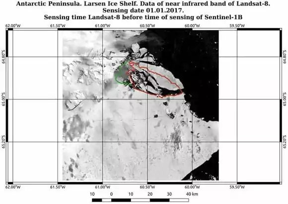 Atlantic Peninsula. Larsen Ice Shelf Sensing. Data of NIR band of Landsat-8. Sentinel-1B 01.01.2017