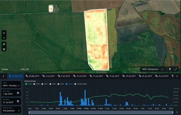 mapeo de humedad del suelo con la aplicación EOSDA Crop Monitoring