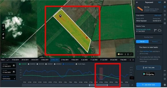 detección de estrés por frío con la aplicación EOSDA Crop Monitoring