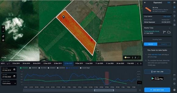 Detectado daño por estrés por frío en un campo con la aplicación EOSDA Crop Monitoring