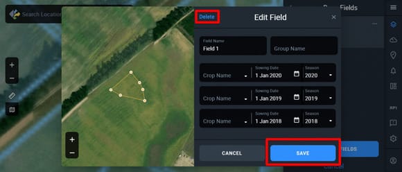 entering field details and saving them on EOSDA Crop Monitoring