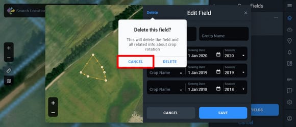 pop up window to confirm or cancel field deleting on EOSDA Crop Monitoring