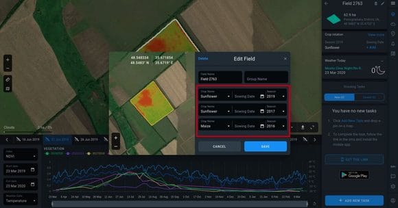 window to enter crop type and sowing date on a field
