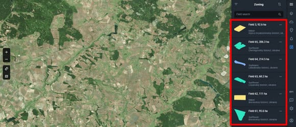 list of the fields available for zoning on EOSDA Crop Monitoring