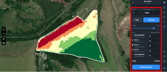 field devided into five zones on EOSDA Crop Monitoring