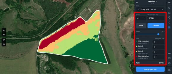 field devided into four zones on EOSDA Crop Monitoring