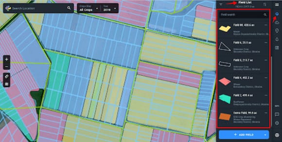 choosing a field from the list on EOSDA Crop Monitoring