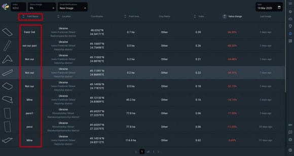Field Name filter in Notification Manager on EOSDA Crop Monitoring