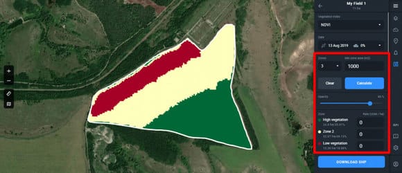 field devided into three zones on EOSDA Crop Monitoring