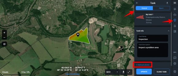 uploading image to scouting task on EOSDA Crop Monitoring