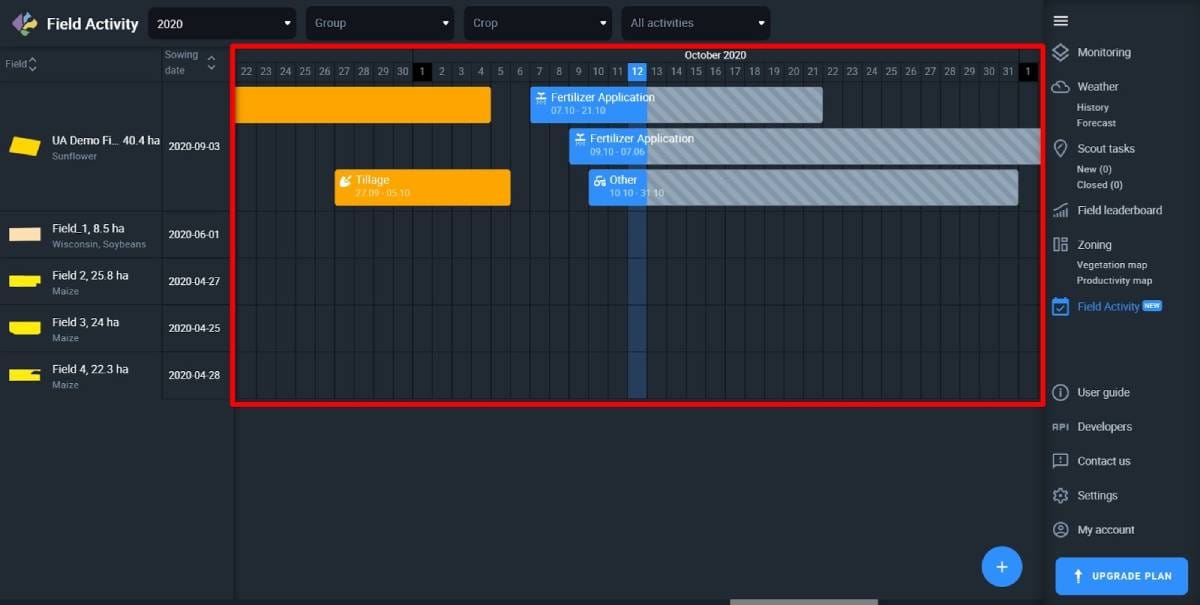 third column from the left is a calendar with activities