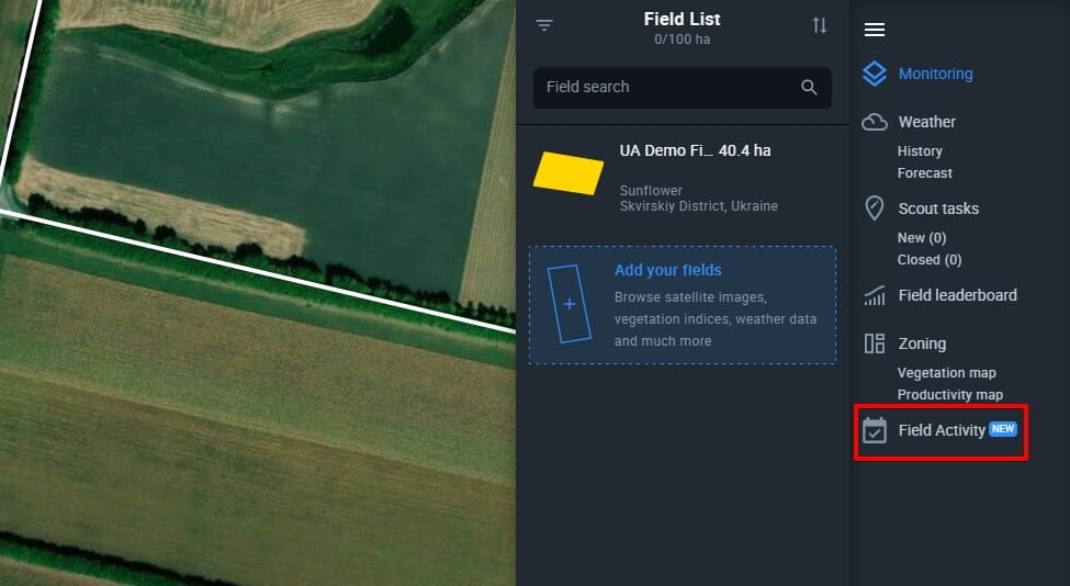 where is Field Activity Log on the sidebar menu