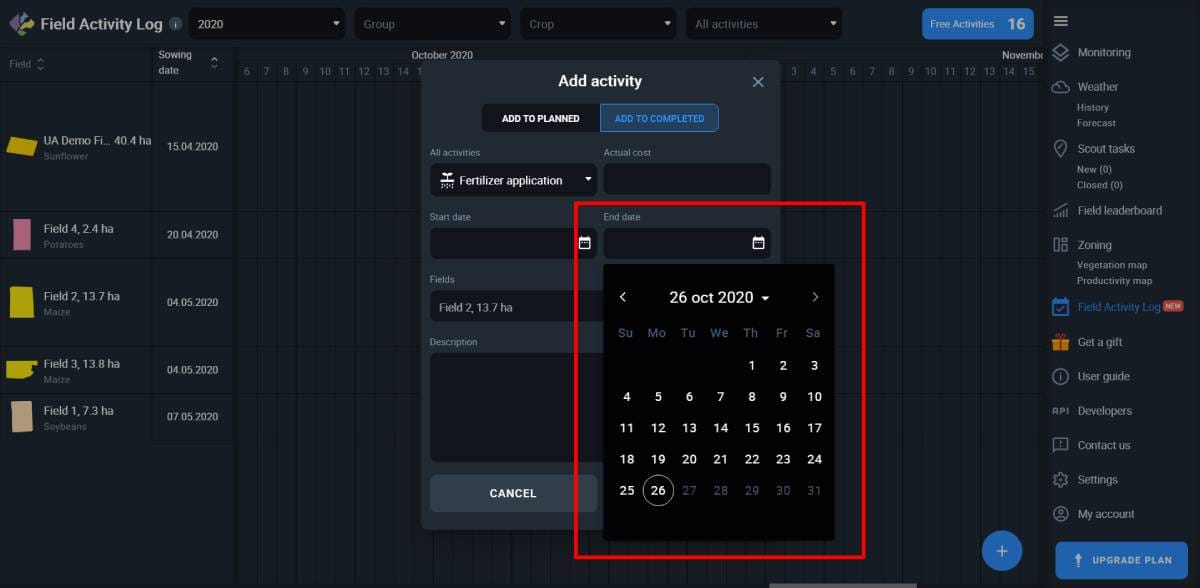 you cannot select future dates for completed activities