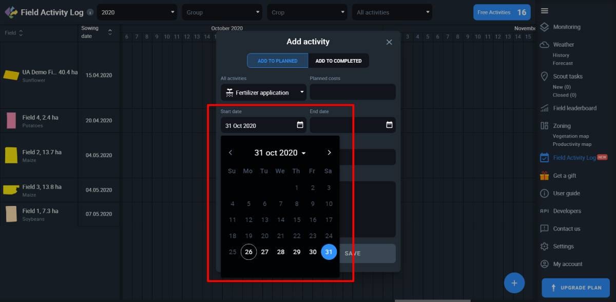 you cannot select past dates for planned activities