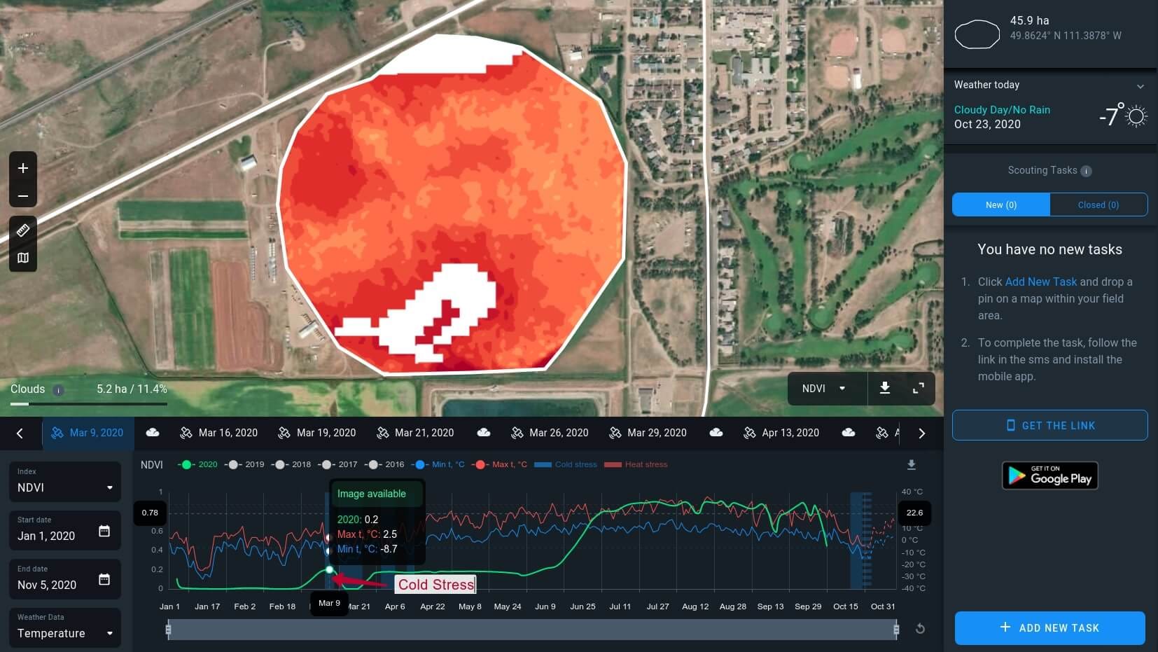 cold stress detection on EOSDA Crop Monitoring