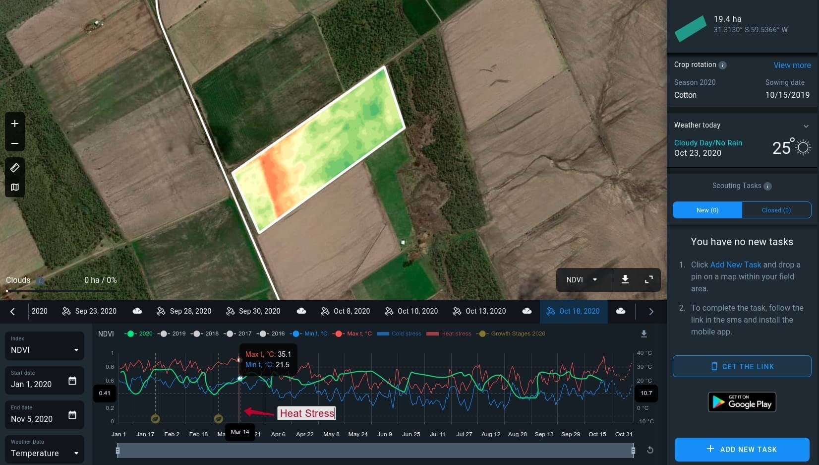 heat stress detection on EOSDA Crop Monitoring