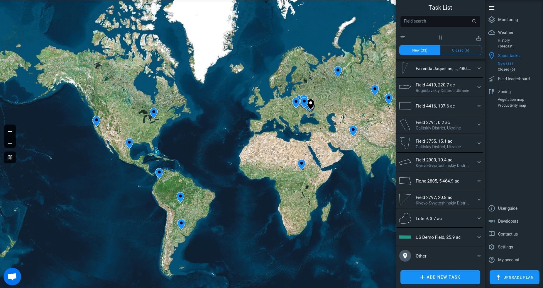 scouting rasks all over the globe prepared via EOSDA Crop Monitoring