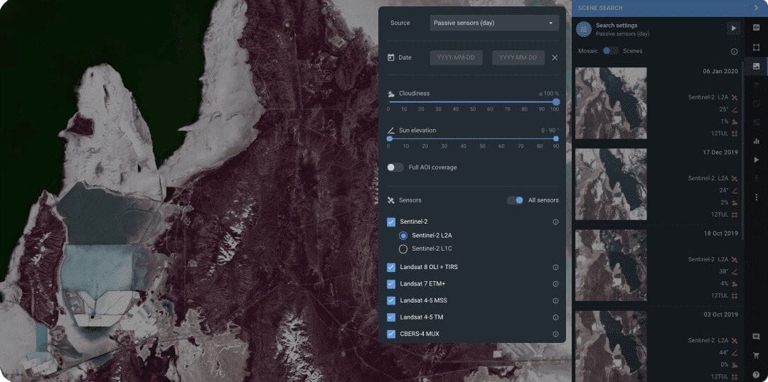 mosaic search in EOSDA LandViewer