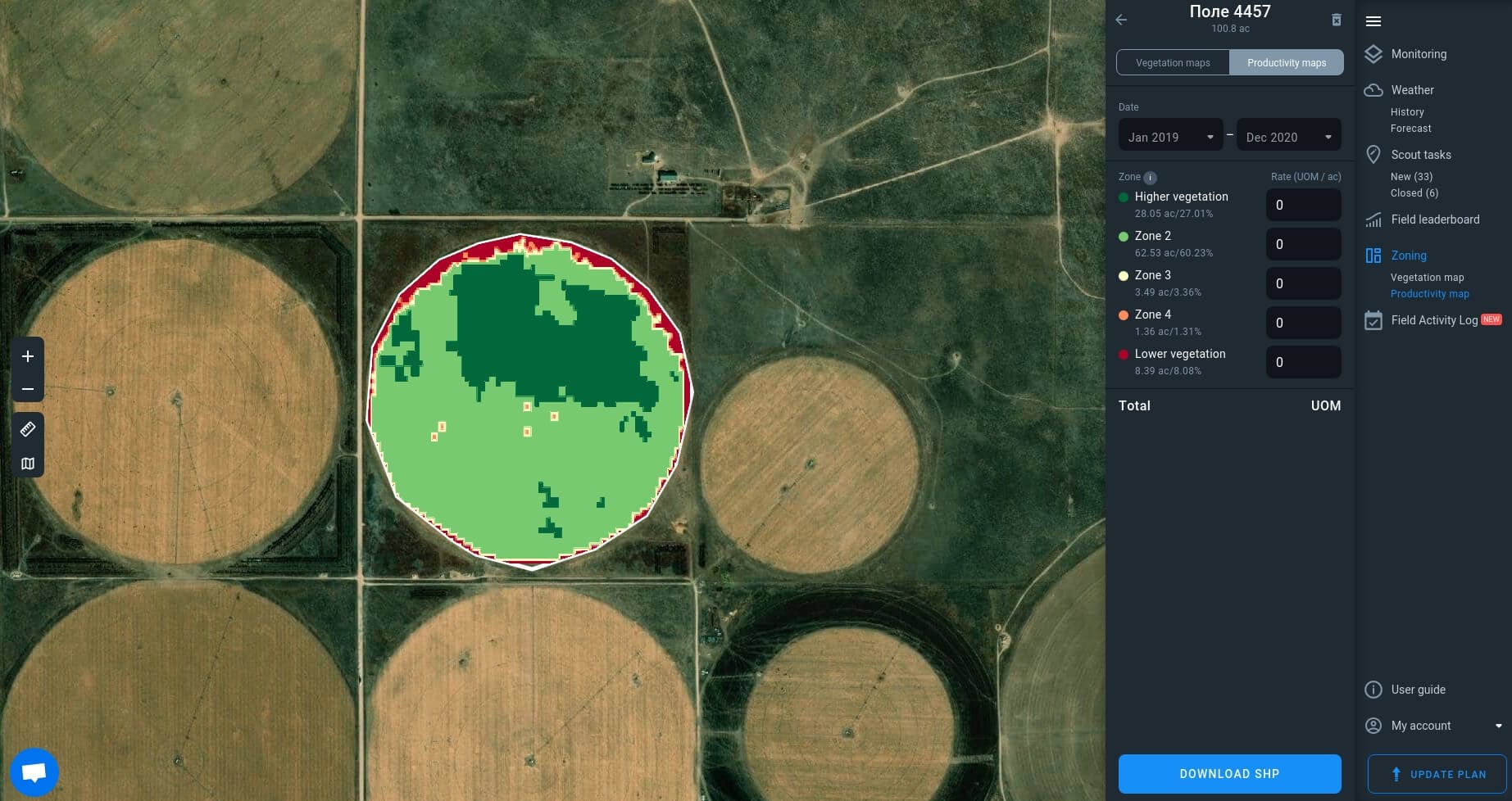 productivity map on EOSDA Crop Monitoring for field managemen