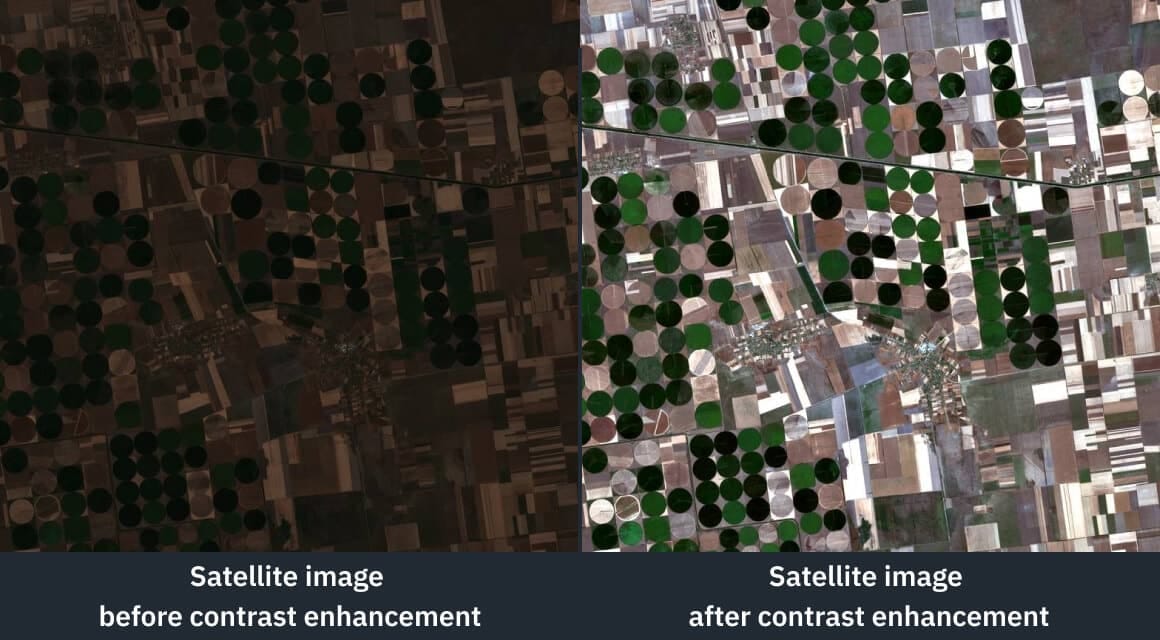imagens de satélite antes e depois do aprimoramento de contraste