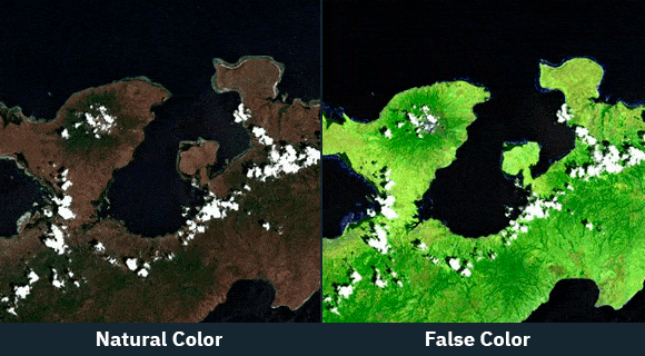 imagens de satélite em cores naturais e em cores falsas