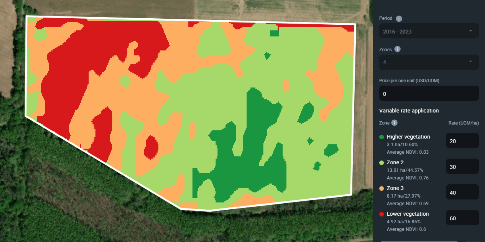 carte de productivité dans EOSDA Crop Monitoring