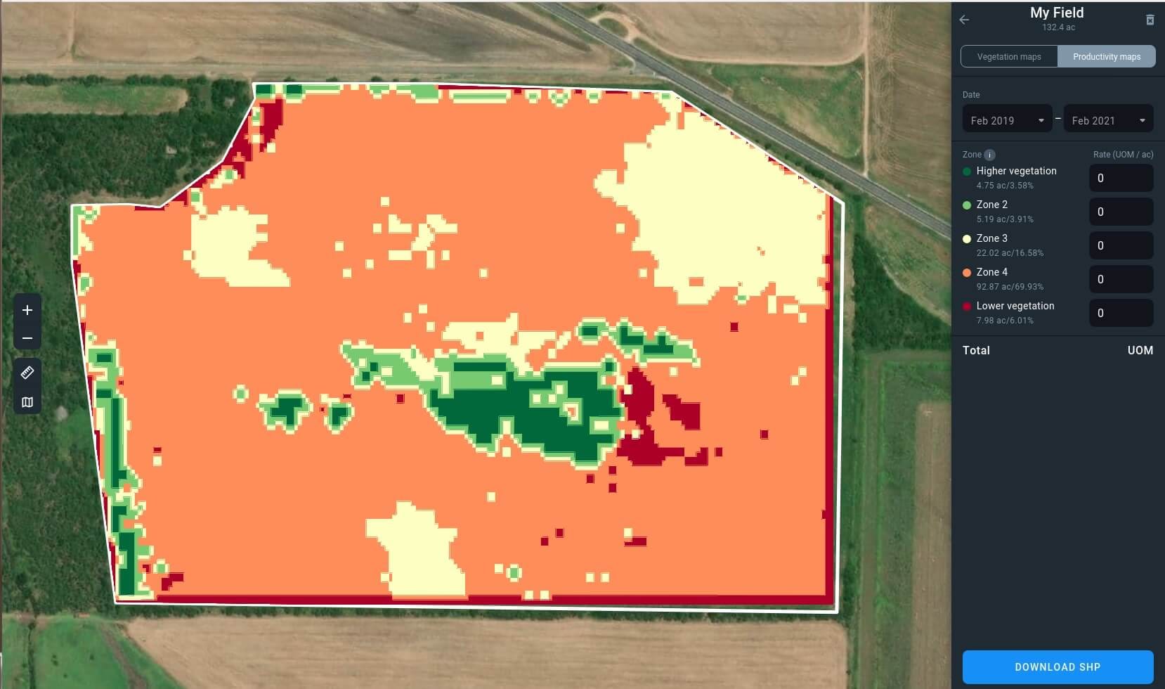 el mapa de productividad de un campo de rendimiento general bajo