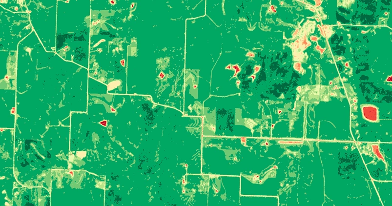 Imagem de satélite Sentinel-2 de campos agrícolas no Condado de Lafayette, Missouri, tirada em 24 de maio de 2024